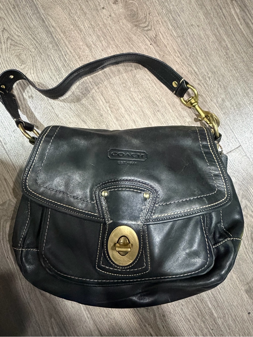 Coach Black Leather Shoulder Bag with Brass Turnlock